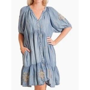 NWT Kyla Seo Coastal Cowgirl Chambray Dress Embroidered Tiered Women Small